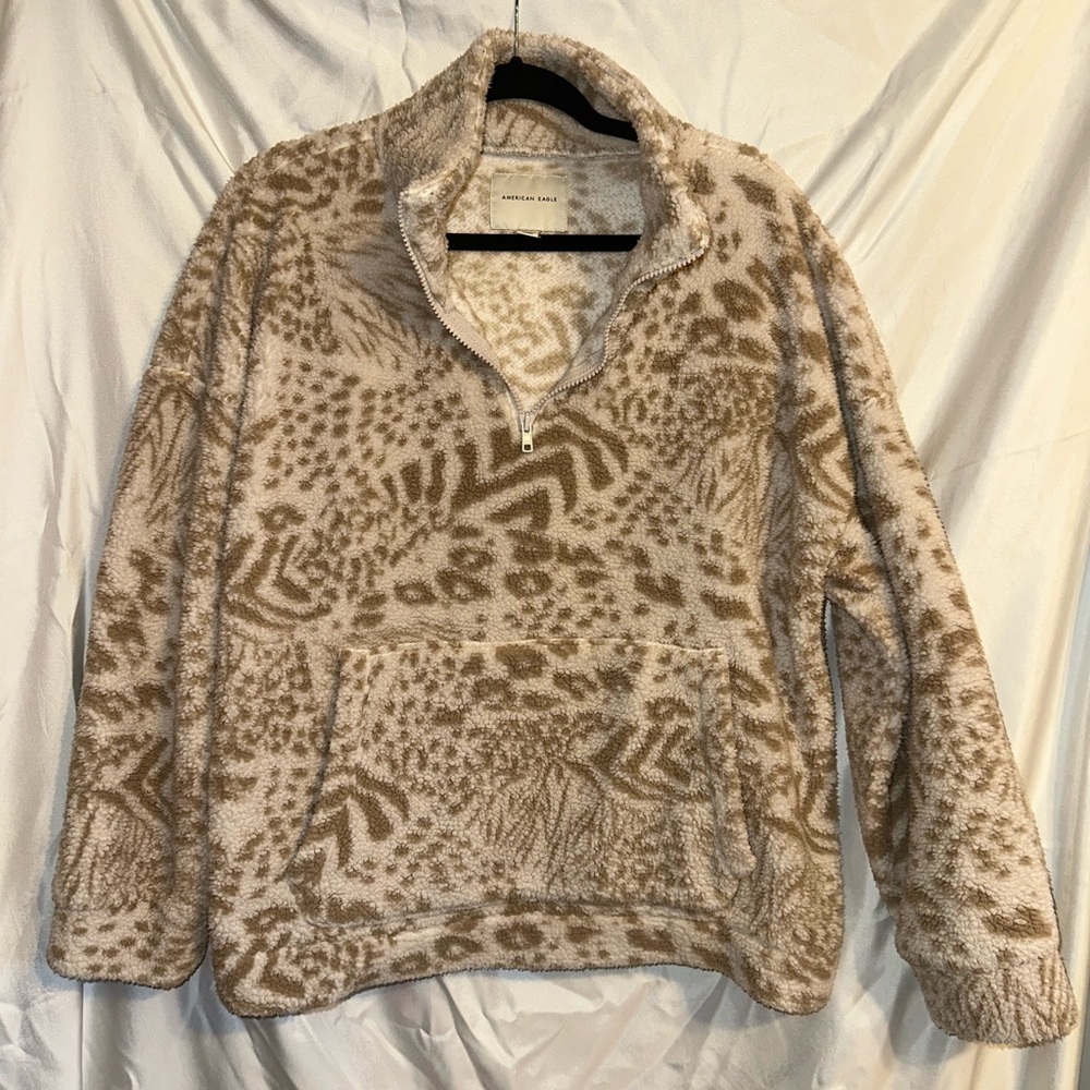 American Eagle Outfitters Cream and Tan Sherpa Quarter-Zip Pullover